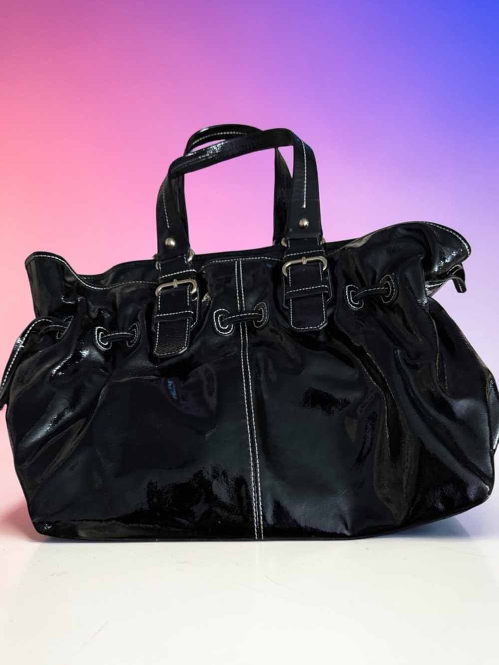 Vintage Dooney & Bourke Black Patent Leather Drawstring Satchel with Logo Plaque - Picture 5 of 10